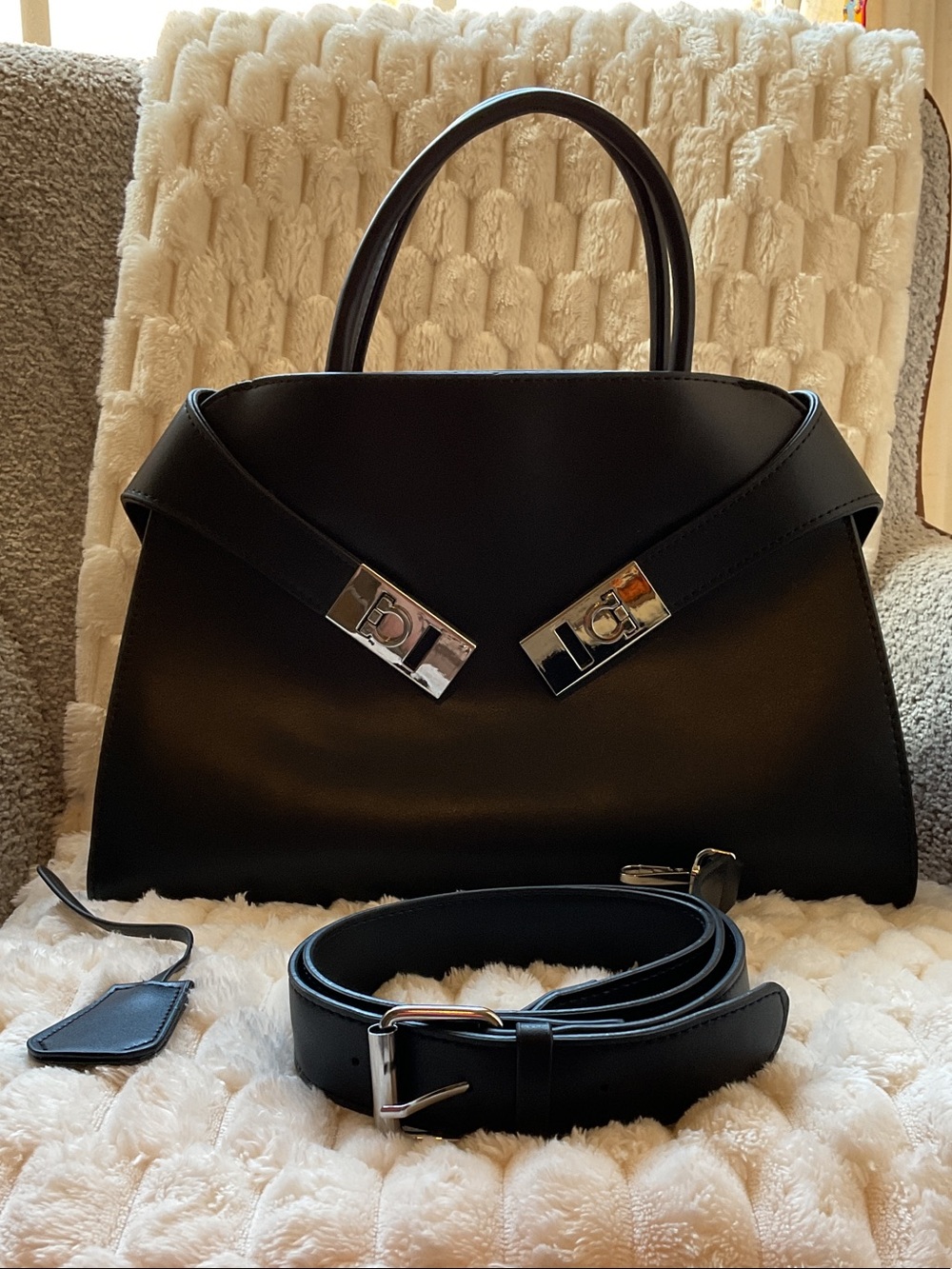 Classic Black Structured Tote Handbag with Removable Strap